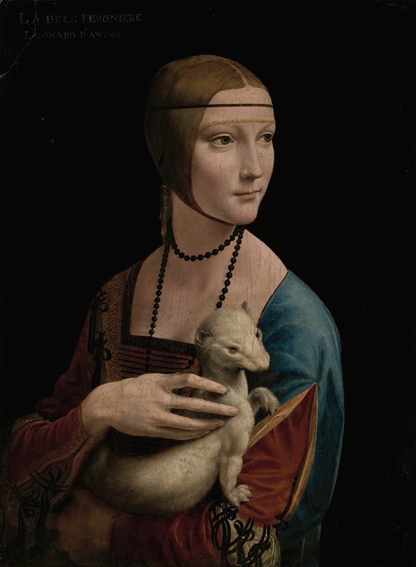 A portrait of a young woman holding an ermine, painted by Leonardo da Vinci.