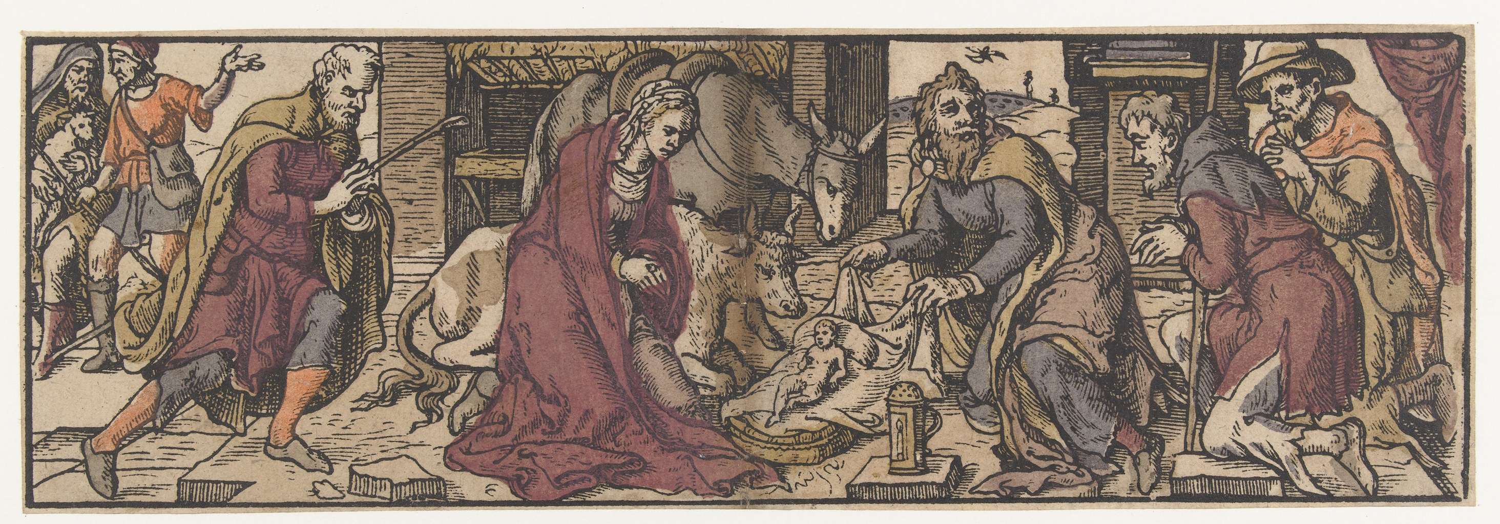 Oil on panel by Monogrammist AI depicting shepherds adoring the Virgin in warm light.