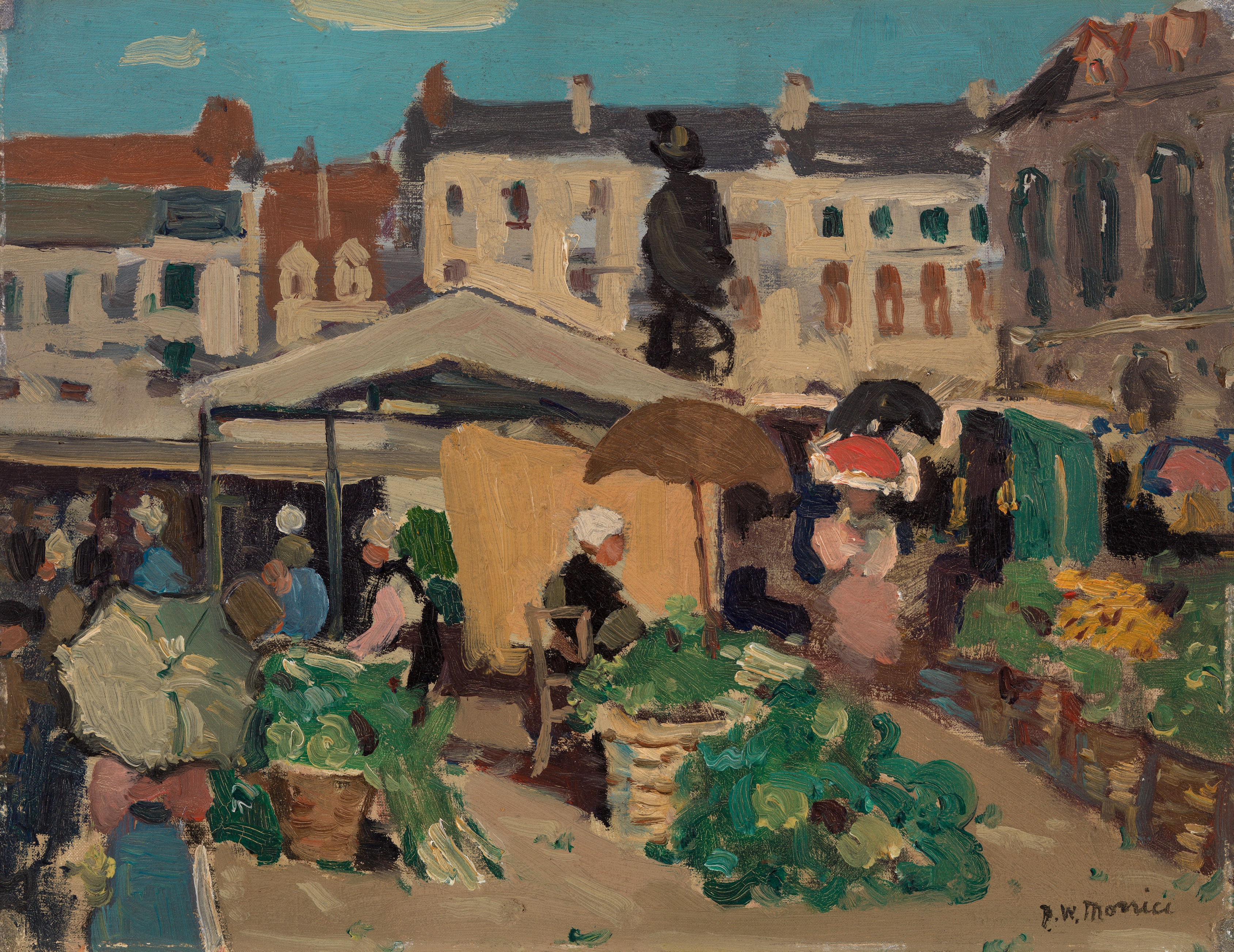Market Scene by James Wilson Morrice, oil painting showing a vibrant market with colorful vendors.