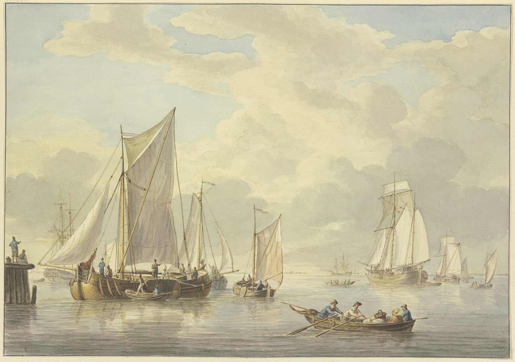 Marine scene with ships and rowers by Martinus Schouman, unknown medium