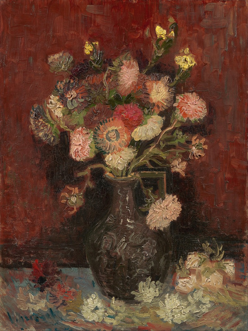 Vincent van Gogh's 'Vase with Chinese asters and gladioli' features vibrant colors and dynamic brushwork.