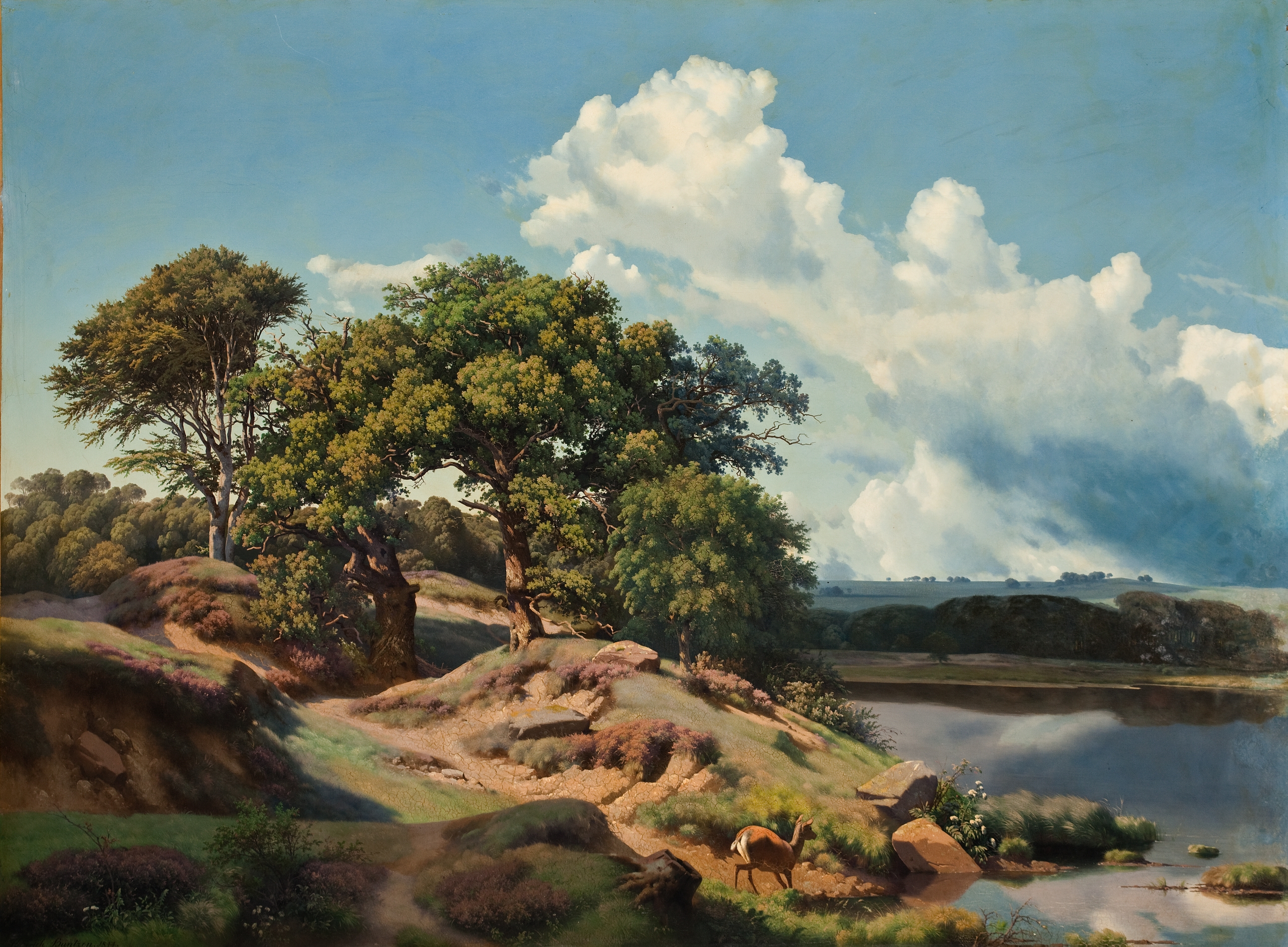 Danish Landscape by Heinrich Buntzen, oil painting depicting serene hills and a soft sky.