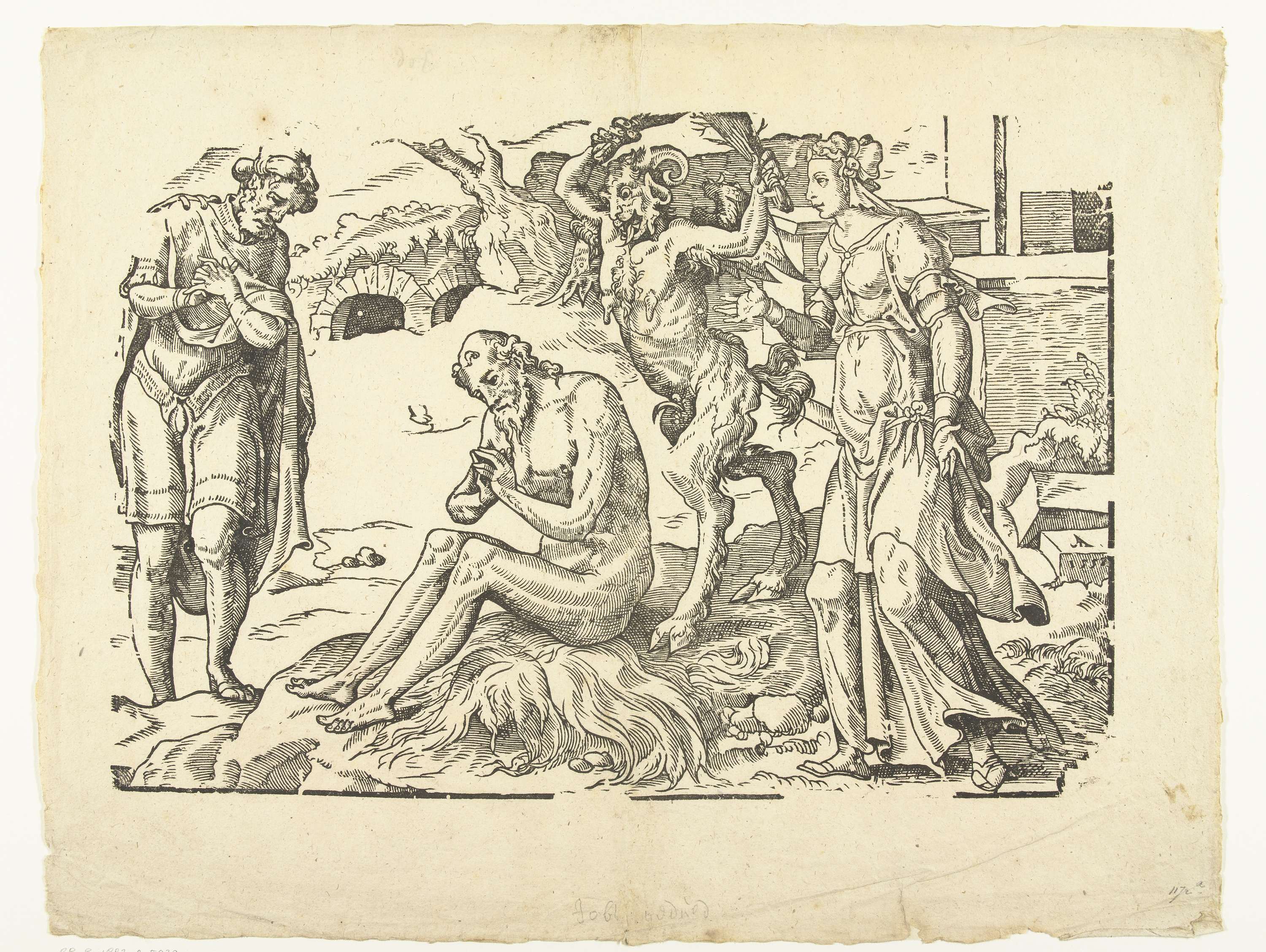 Job op de mesthoop, paper by Monogrammist AI, depicts Job in a desolate landscape.