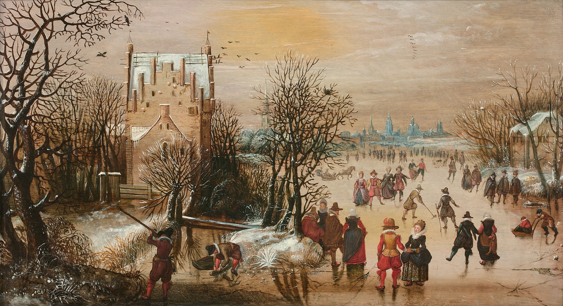 Winter landscape with skaters and hunters, oil on canvas by Adam van Breen