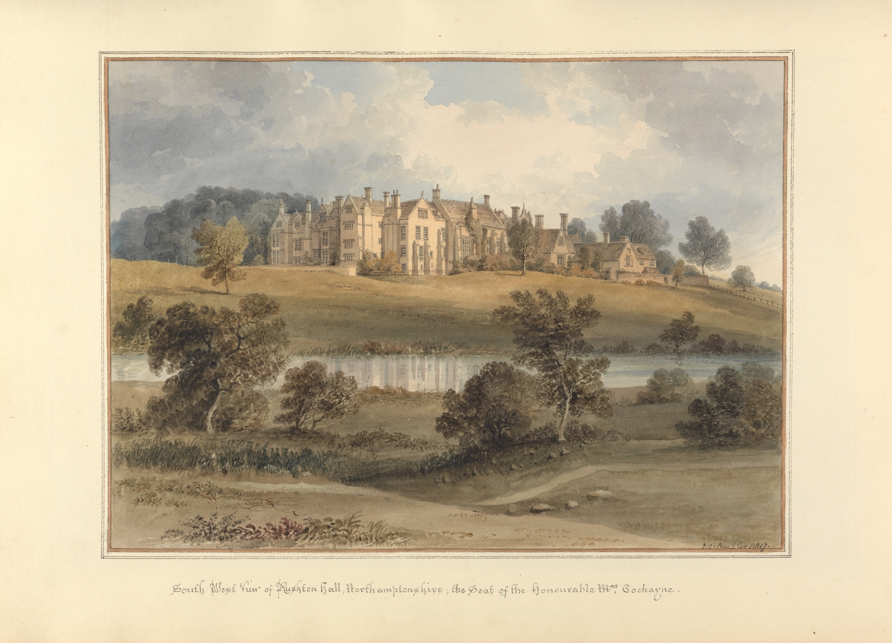 South West View of Rushton Hall by John Buckler, depicting a garden and grand architecture, unknown medium.
