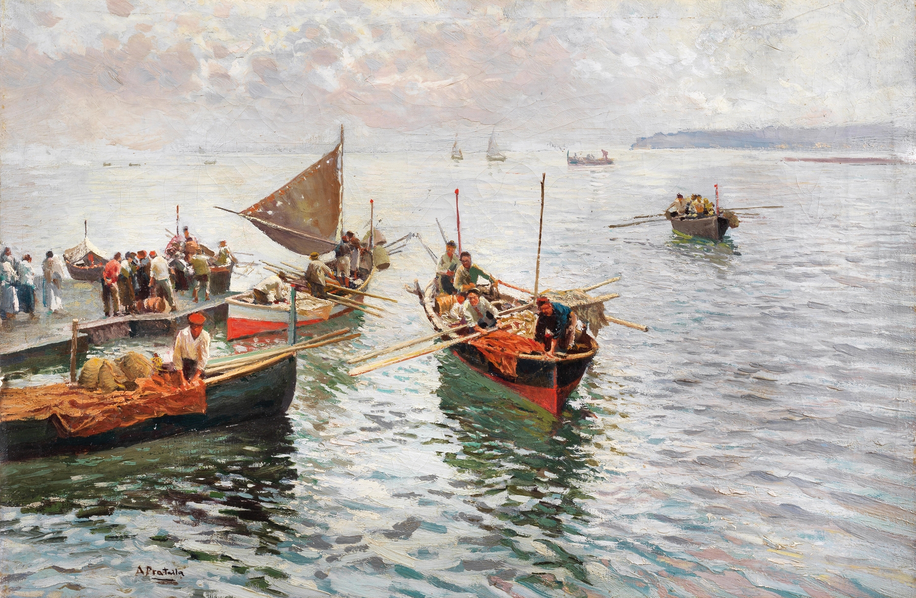 The Homecoming of the Fishermen by Attilio Pratella, oil painting depicting fishermen at dusk.