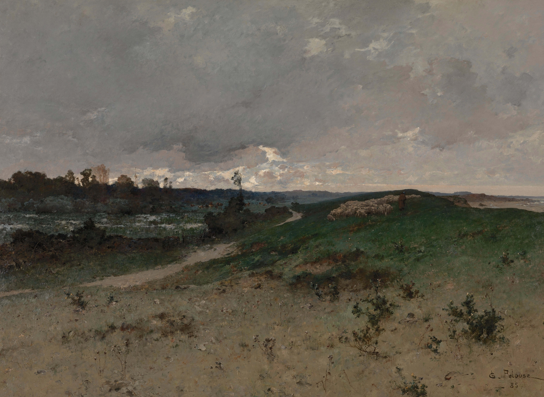 Landscape near Saint-Jean-le-Thomas by Léon-Germain Pelouse, oil painting depicting a tranquil sea and clouds.