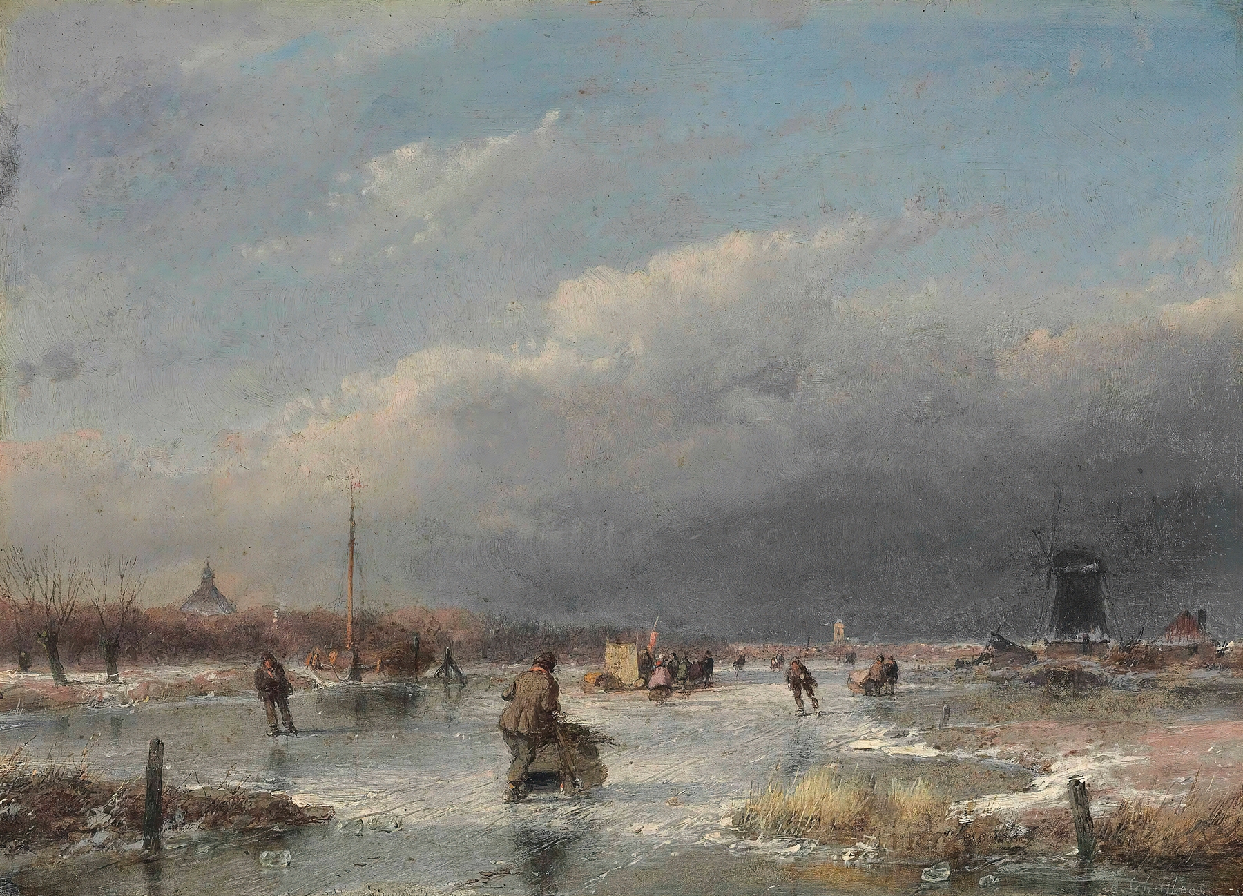 Skaters On A Frozen River, by Andreas Schelfhout, public domain