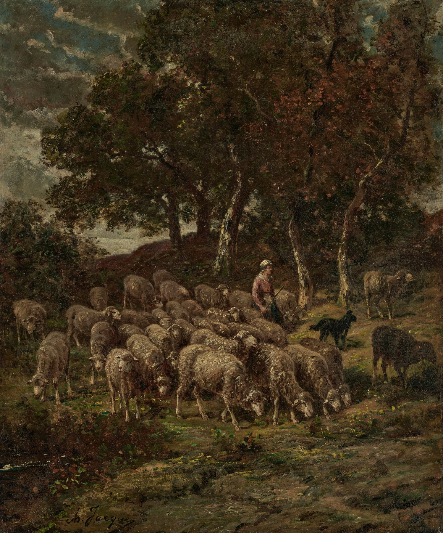 Shepherdess and her flock, oil on canvas by Charles Emile Jacque