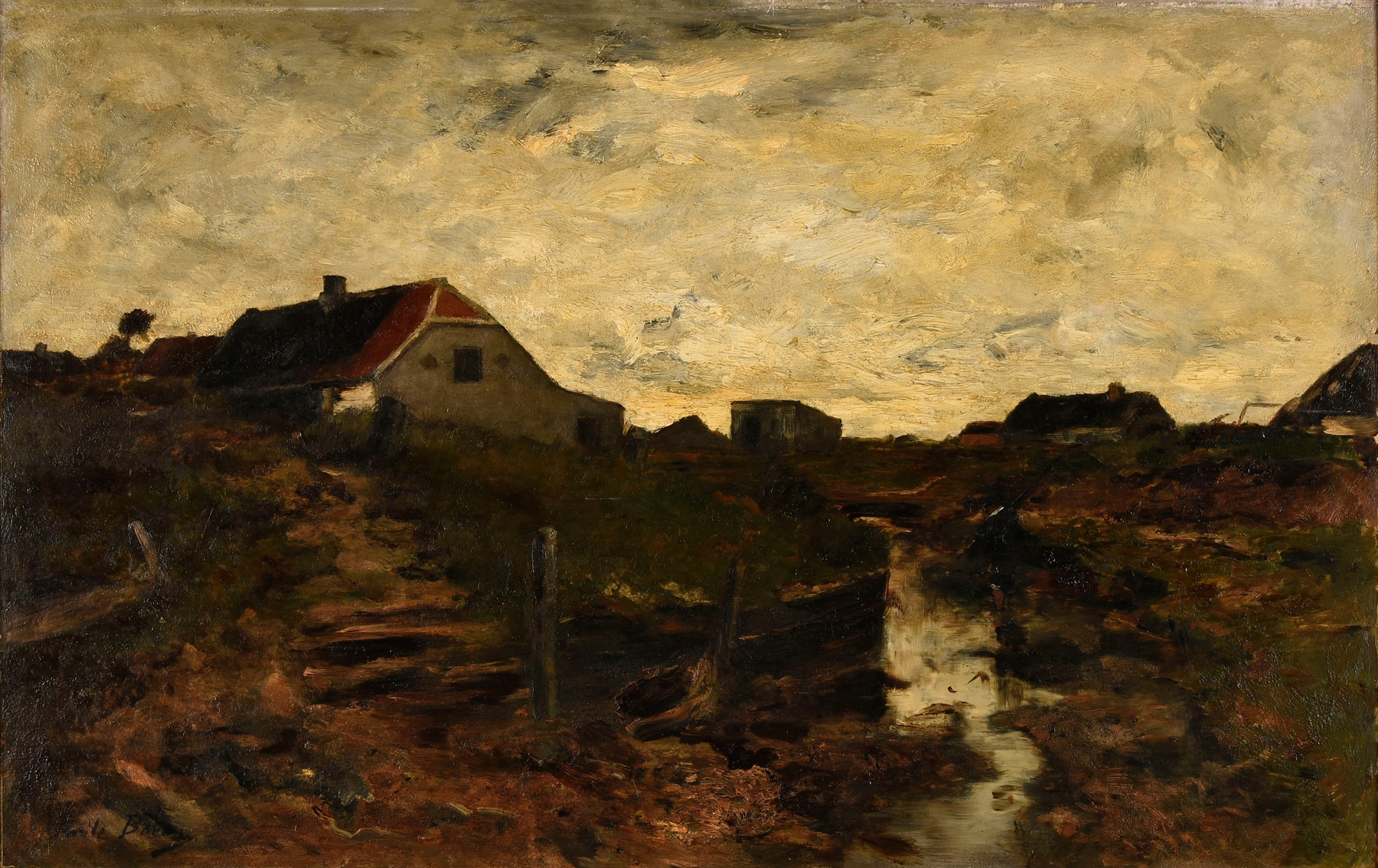 Chaumières dans les dunes à Skagen by Émile Barau, oil on canvas depicting cottages in sandy dunes.