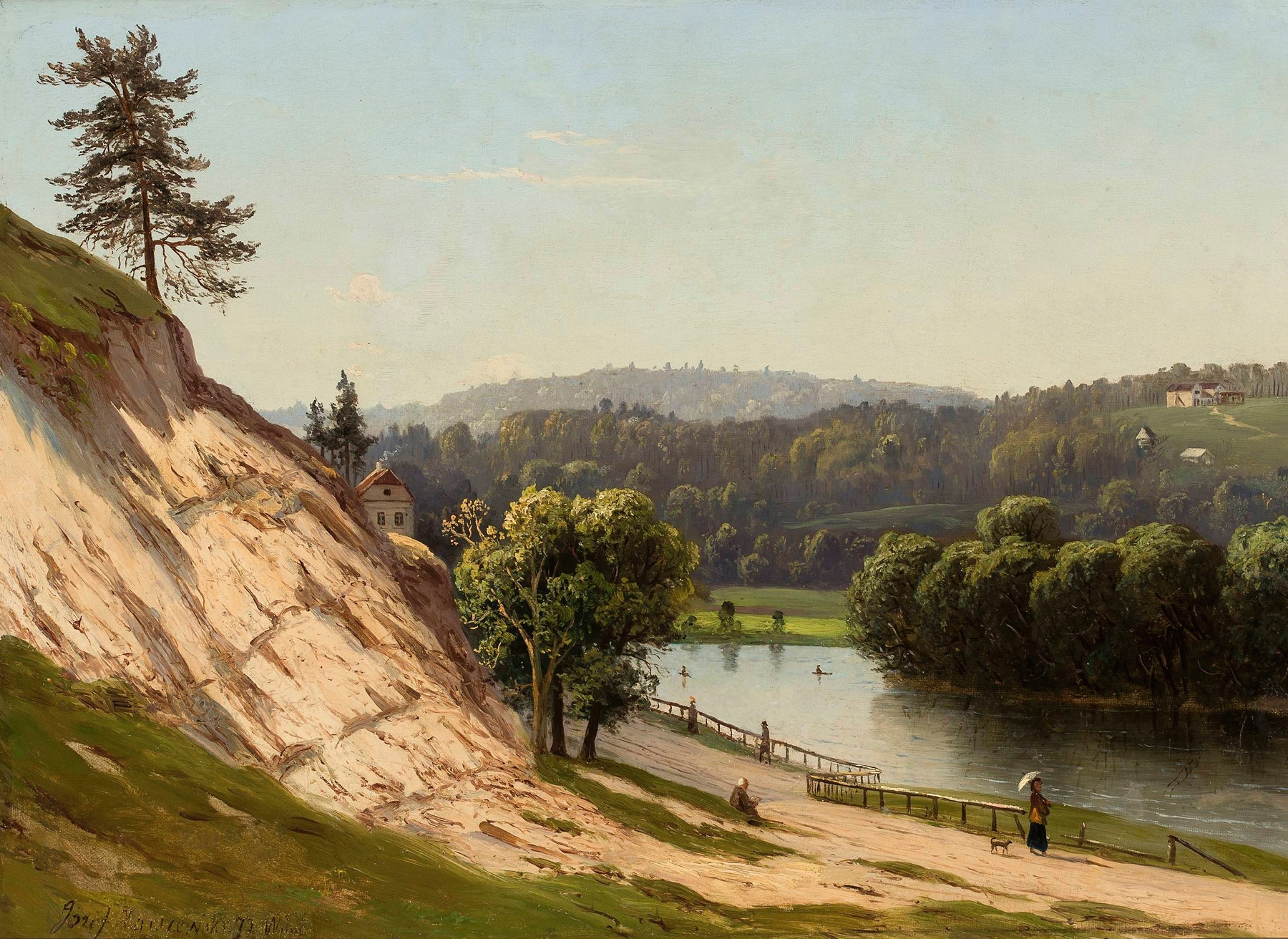 River landscape by Józef Marszewski, oil on canvas, featuring trees and sunlight.