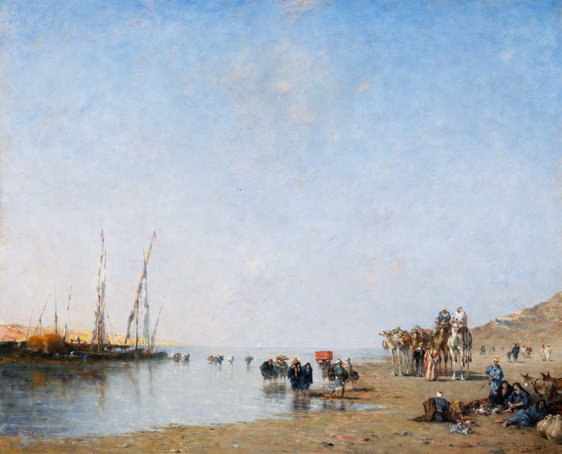 An Arab caravan resting near the shore, oil on canvas by Narcisse Berchère