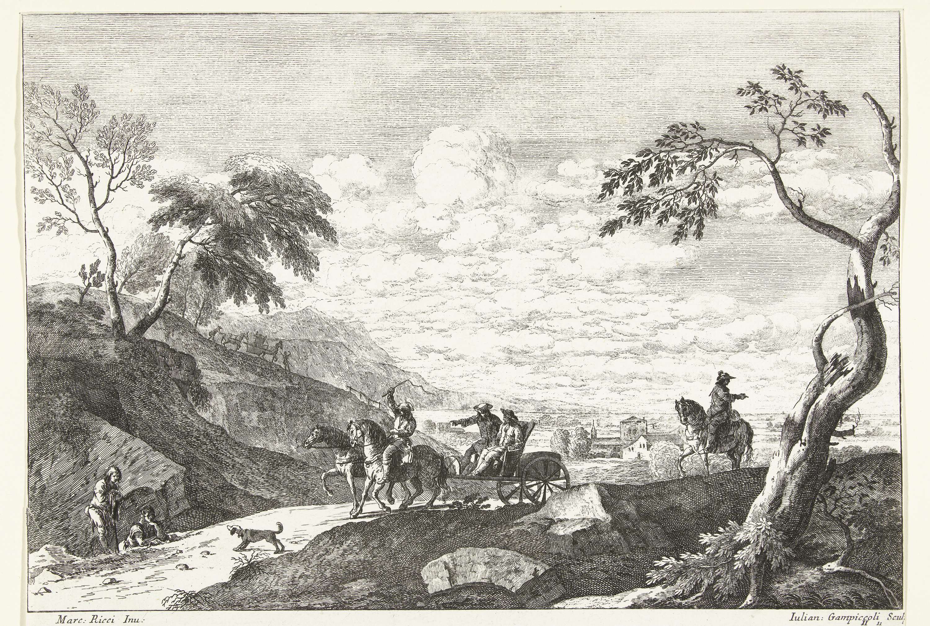 Etching by Giuliano Giampiccoli depicting a carriage and hills at twilight