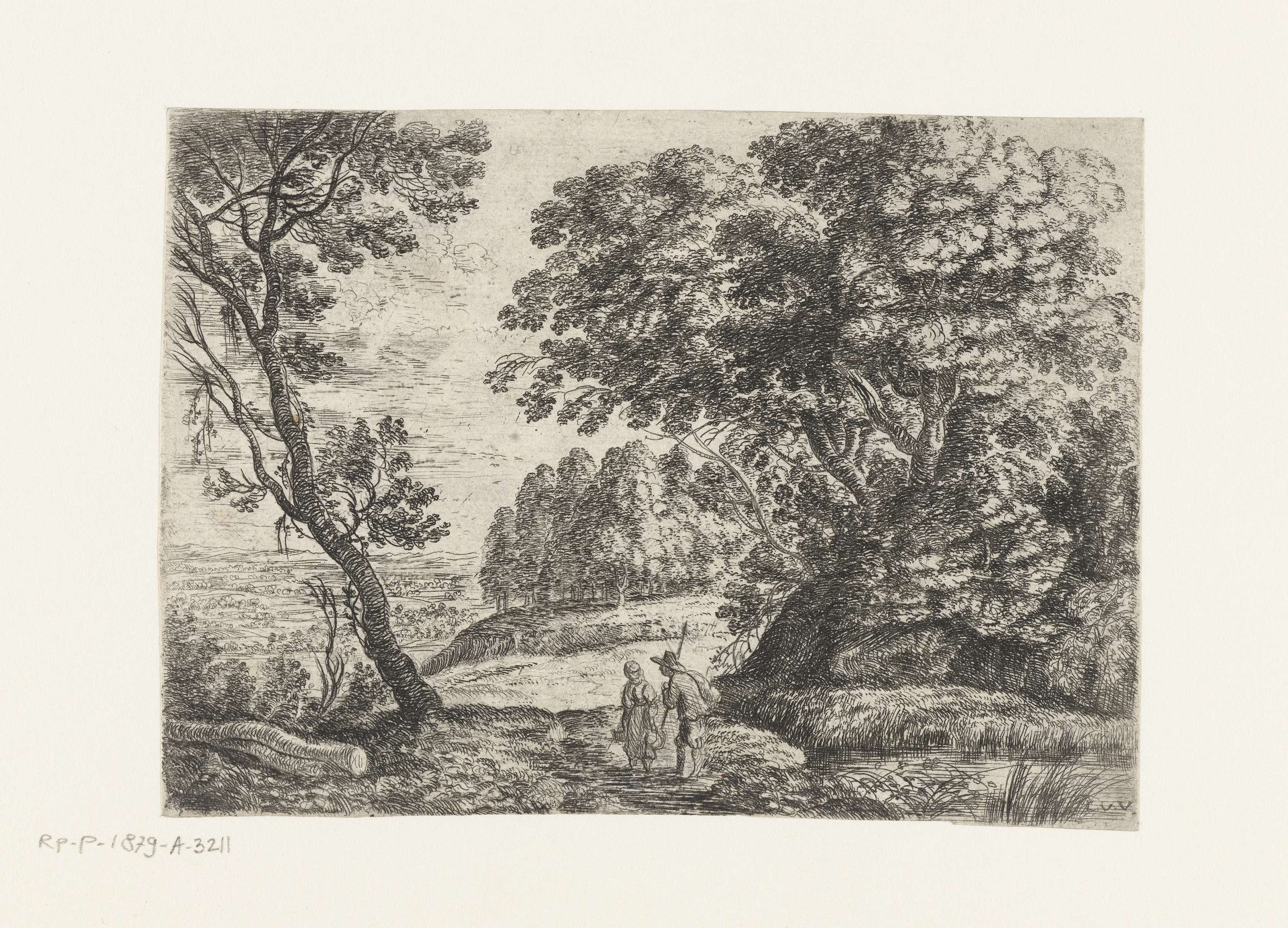 Etching by Lucas van Uden depicting a man and woman conversing in a landscape