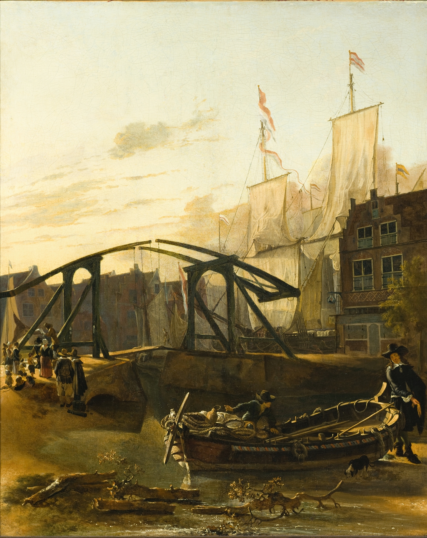 View of a harbor with boats and sunlight by Adam Pynacker, oil painting