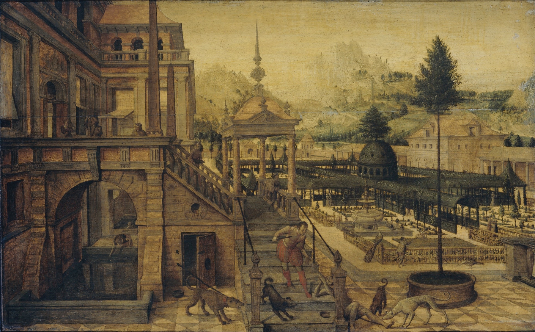 Genre scene depicting Poor Lazarus in a palace garden, oil painting by Hans Vredeman de Vries