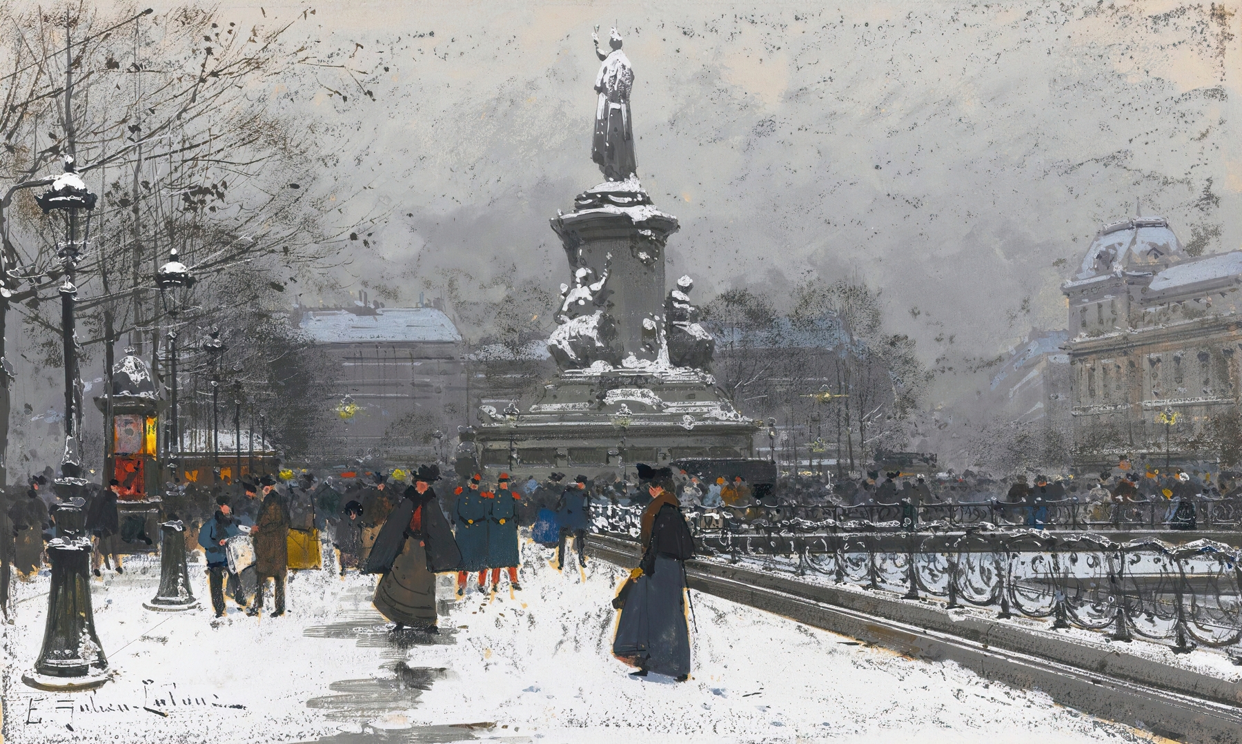 La Place De La République by Eugène Galien-Laloue, impressionist oil painting of a snowy Parisian square.