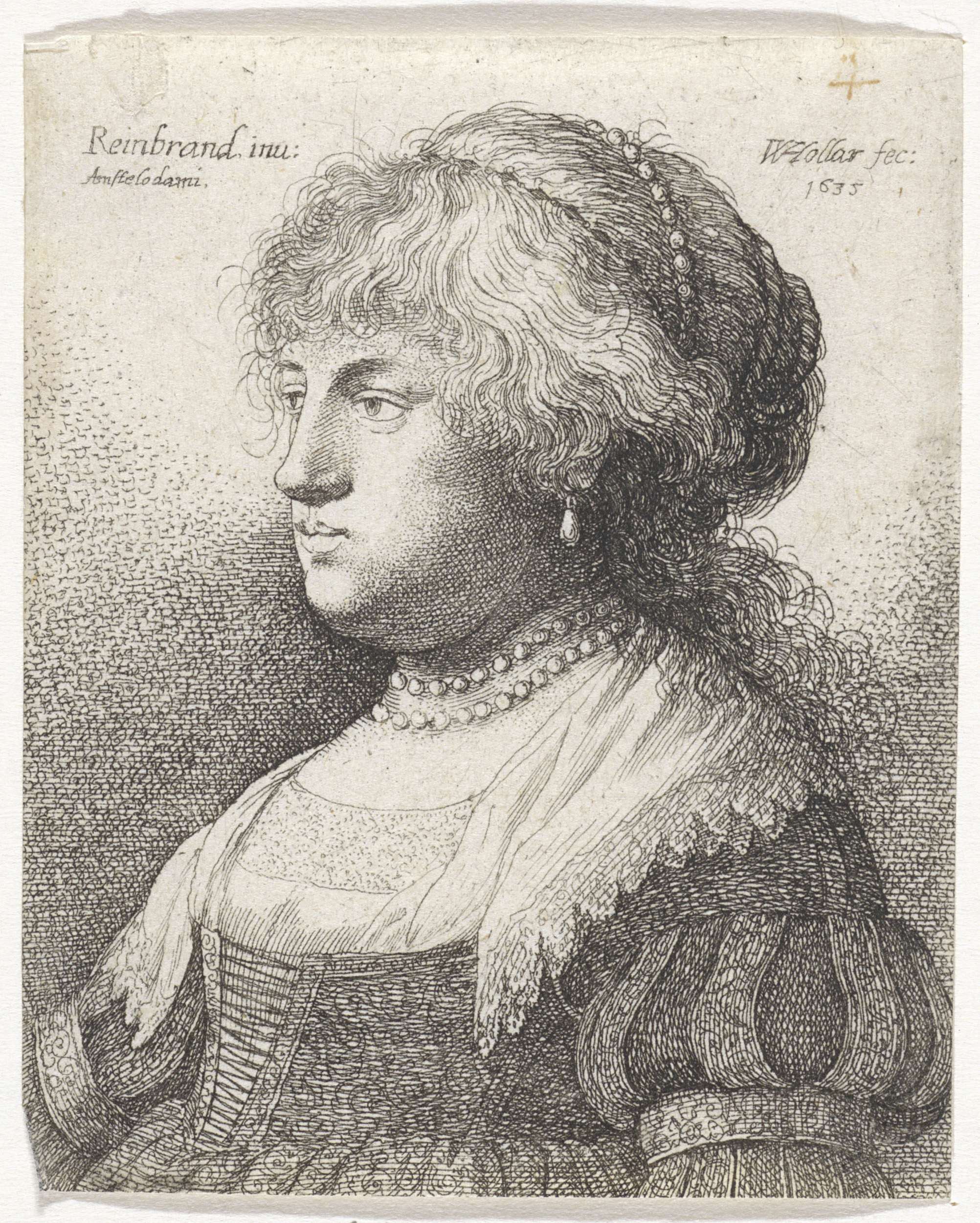 Portrait of Saskia with a pearl necklace in her hair, etching by Wenceslaus Hollar