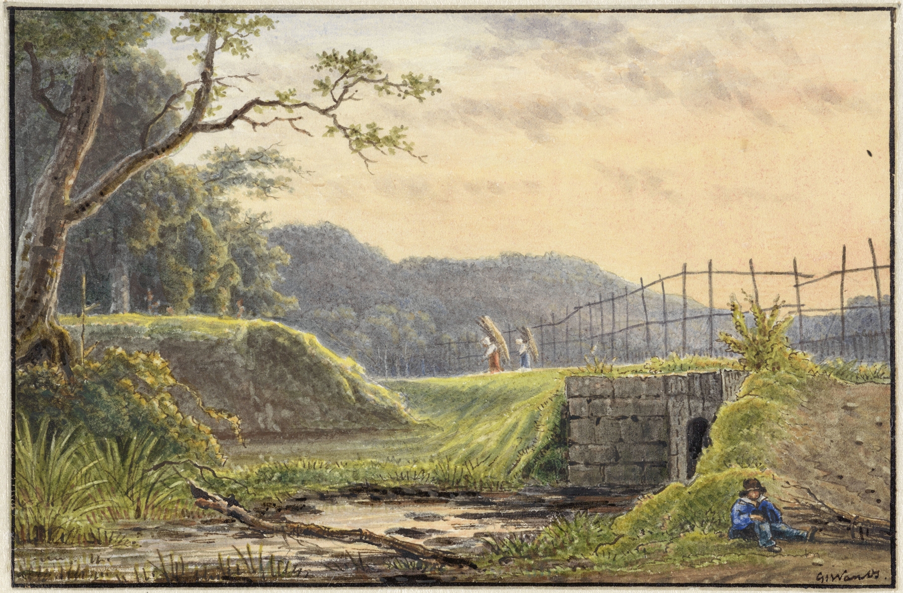 Landschap met brug by Georgius Jacobus Johannes van Os, oil on canvas depicting a tranquil river and bridge.