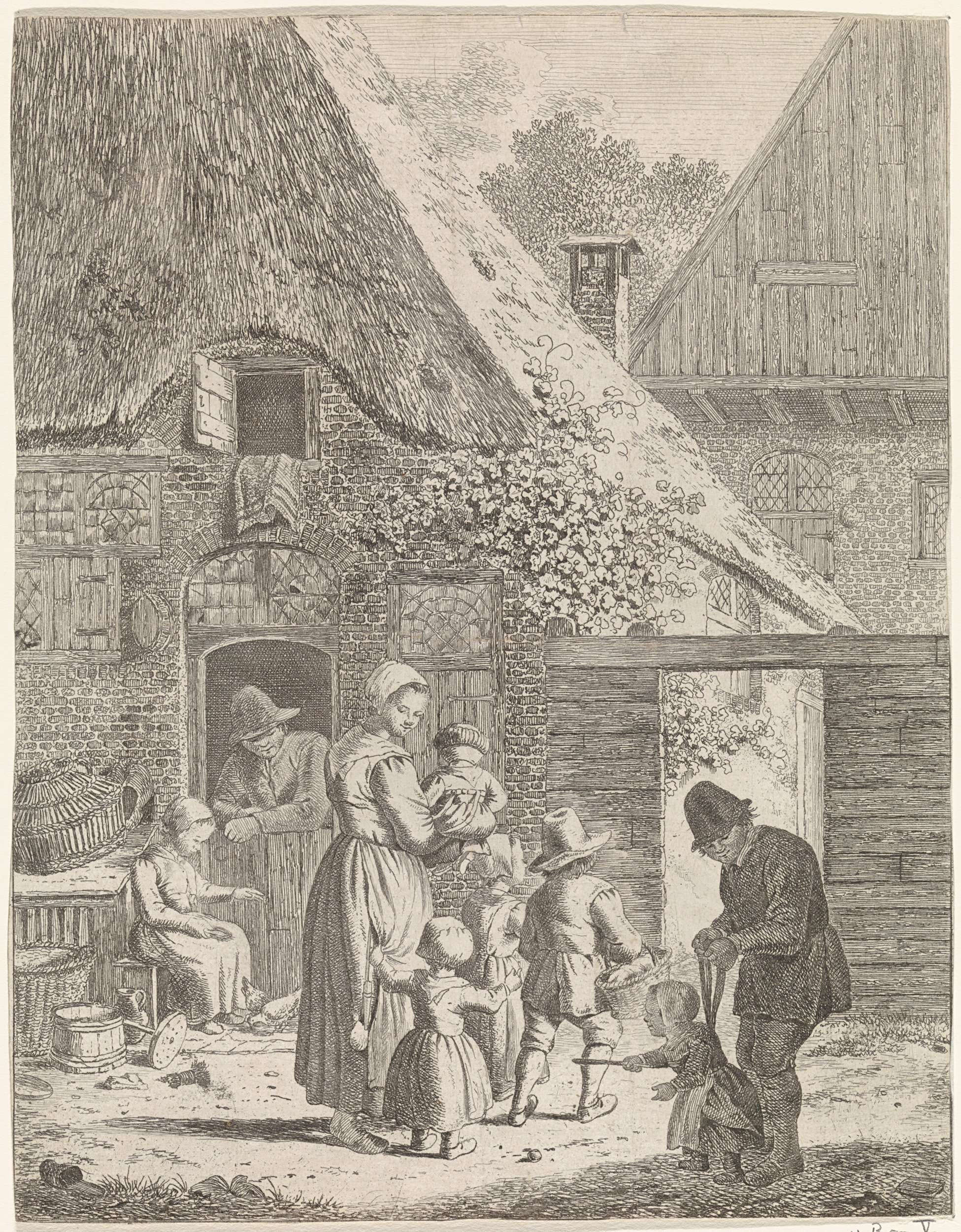 Genre scene etching by Johannes Christiaan Janson depicting farmers and children in a rural setting