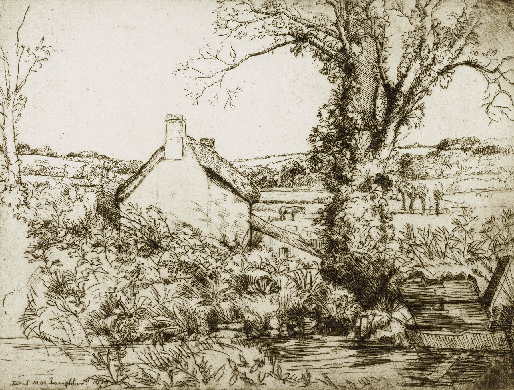 The Miller’s Cottage by Donald Shaw MacLaughlan, oil on canvas, depicts a cottage surrounded by trees.