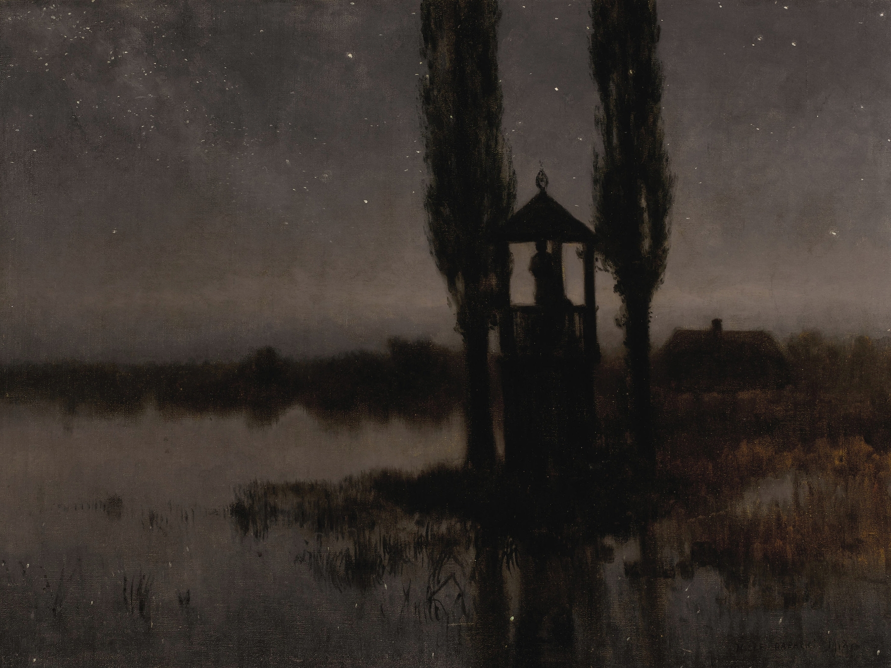 Nocturnal Marshland by Józef Rapacki, oil on canvas depicting a moonlit marsh landscape