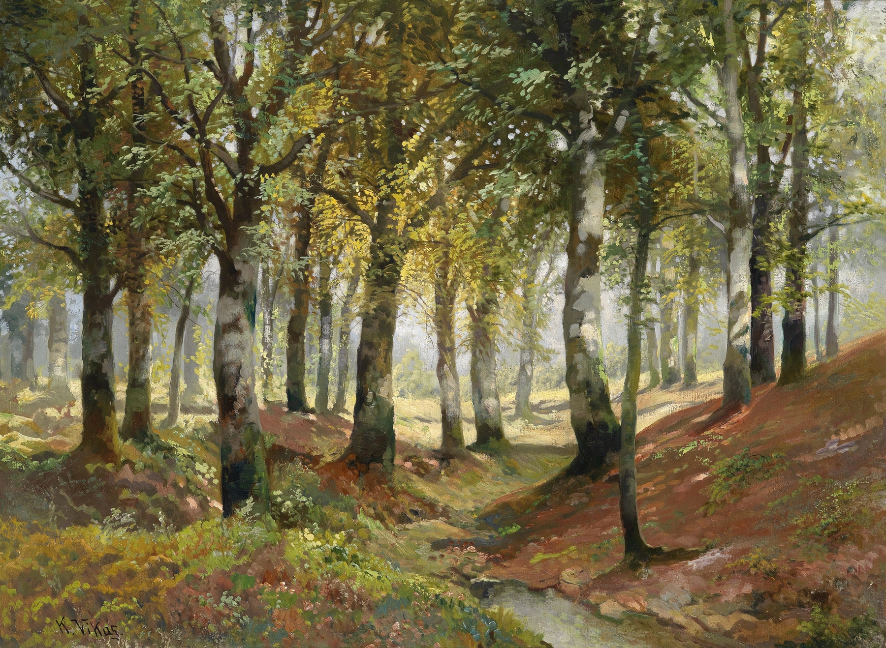 Waldlandschaft by Karl Vikas, oil painting depicting a lush forest with vibrant greens and soft hues.
