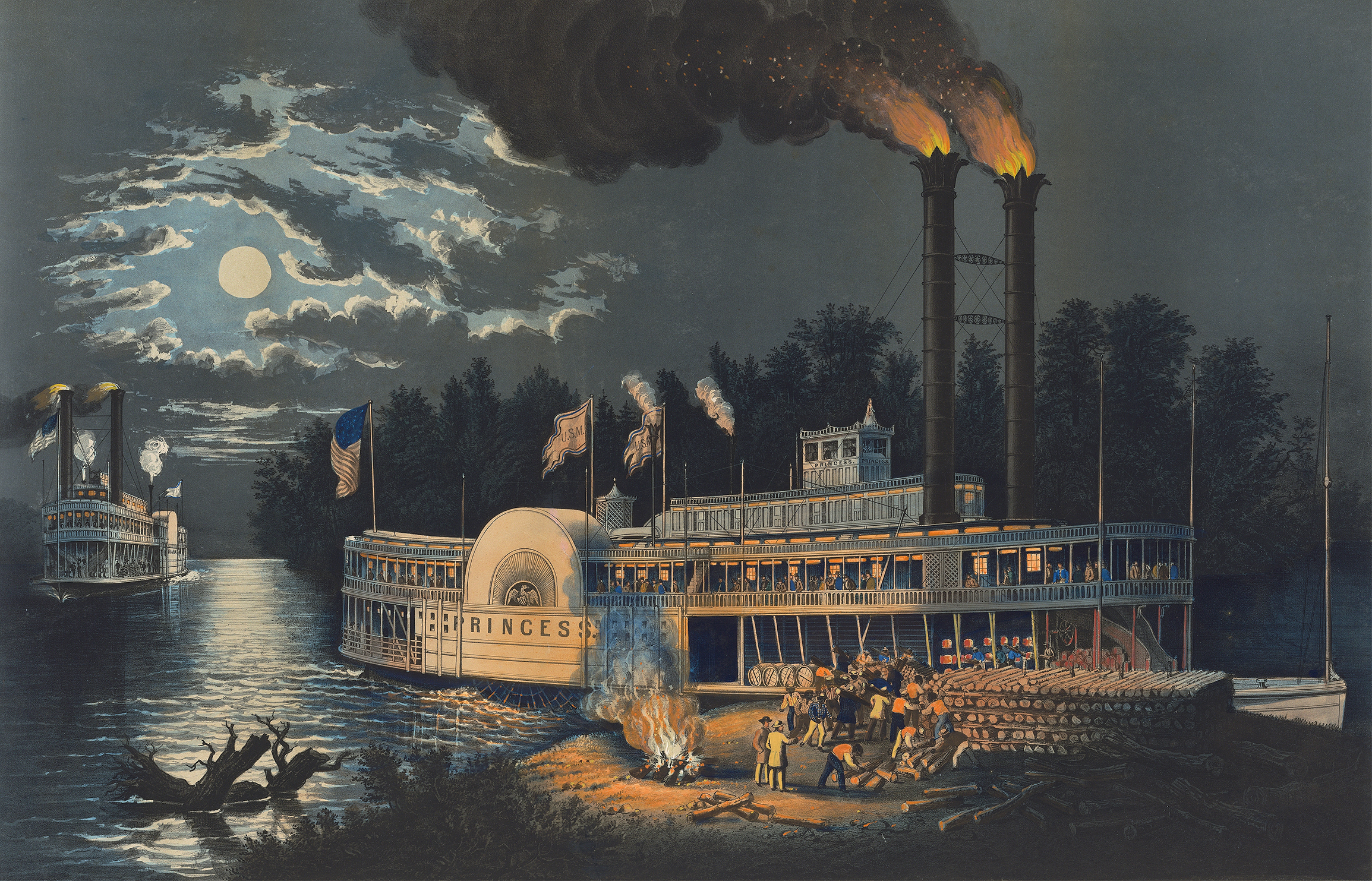 Wooding Up on the Mississippi lithograph by Frances Flora Bond Palmer showing riverboats along a riverbank.