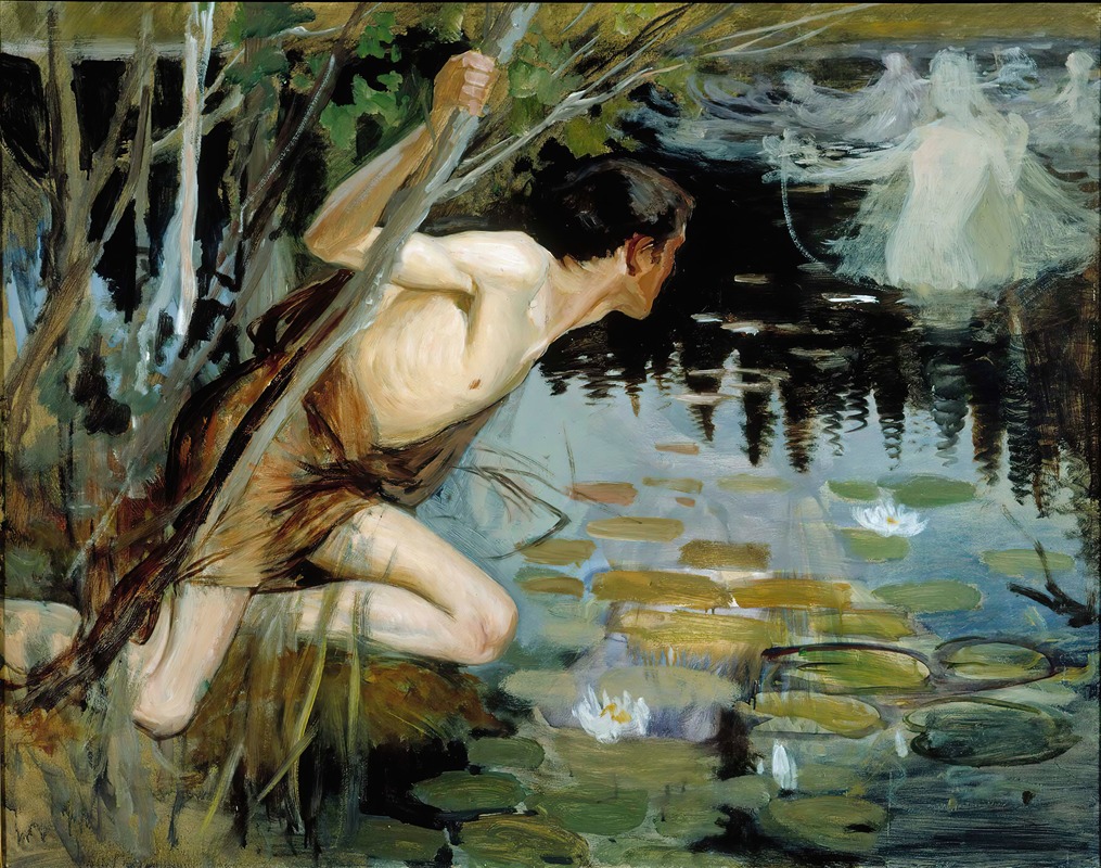 A sketch depicting a youth interacting with a mermaid.