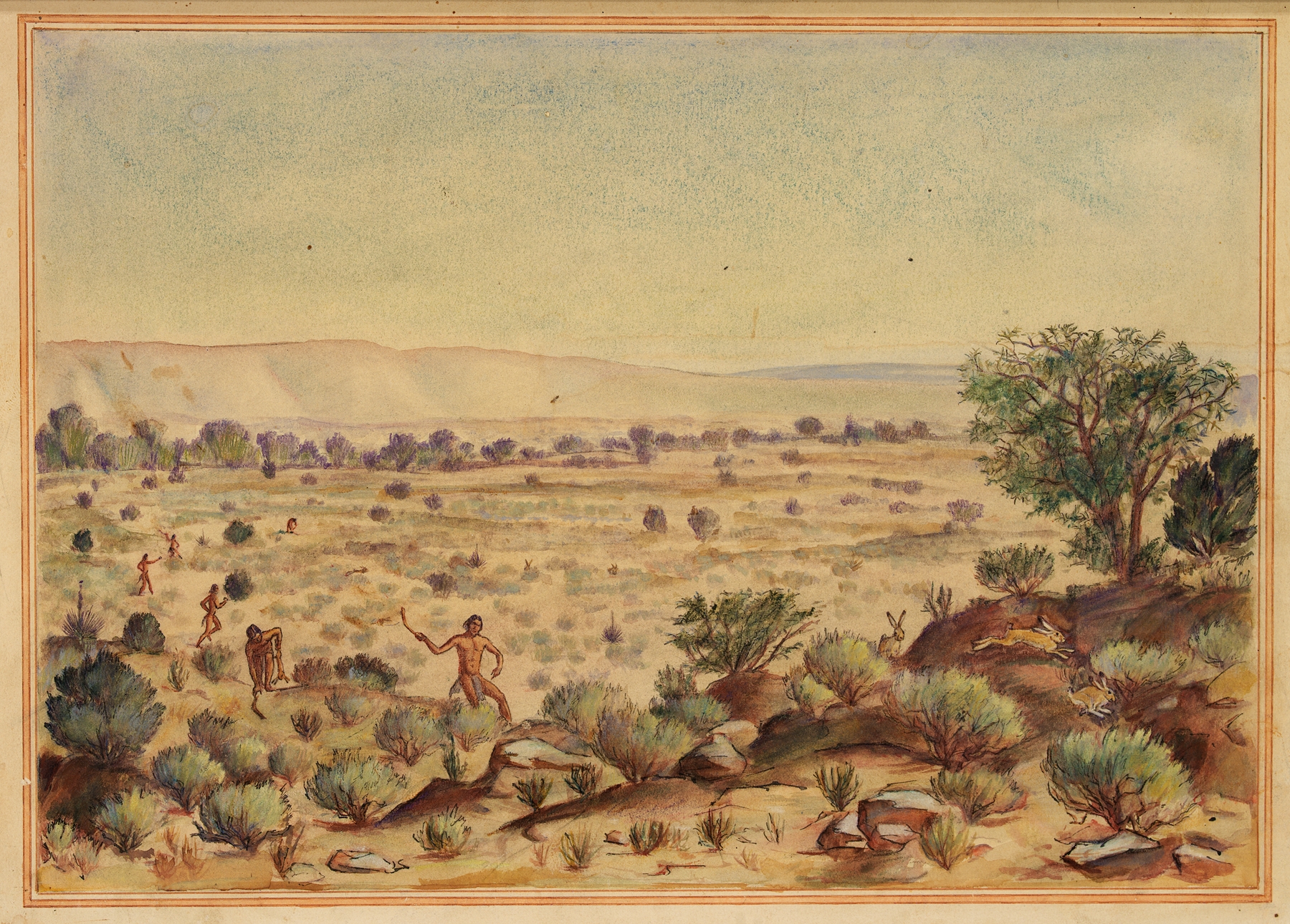 Men Hunting Rabbits, realism, Unknown Artist, hunters poised in nature