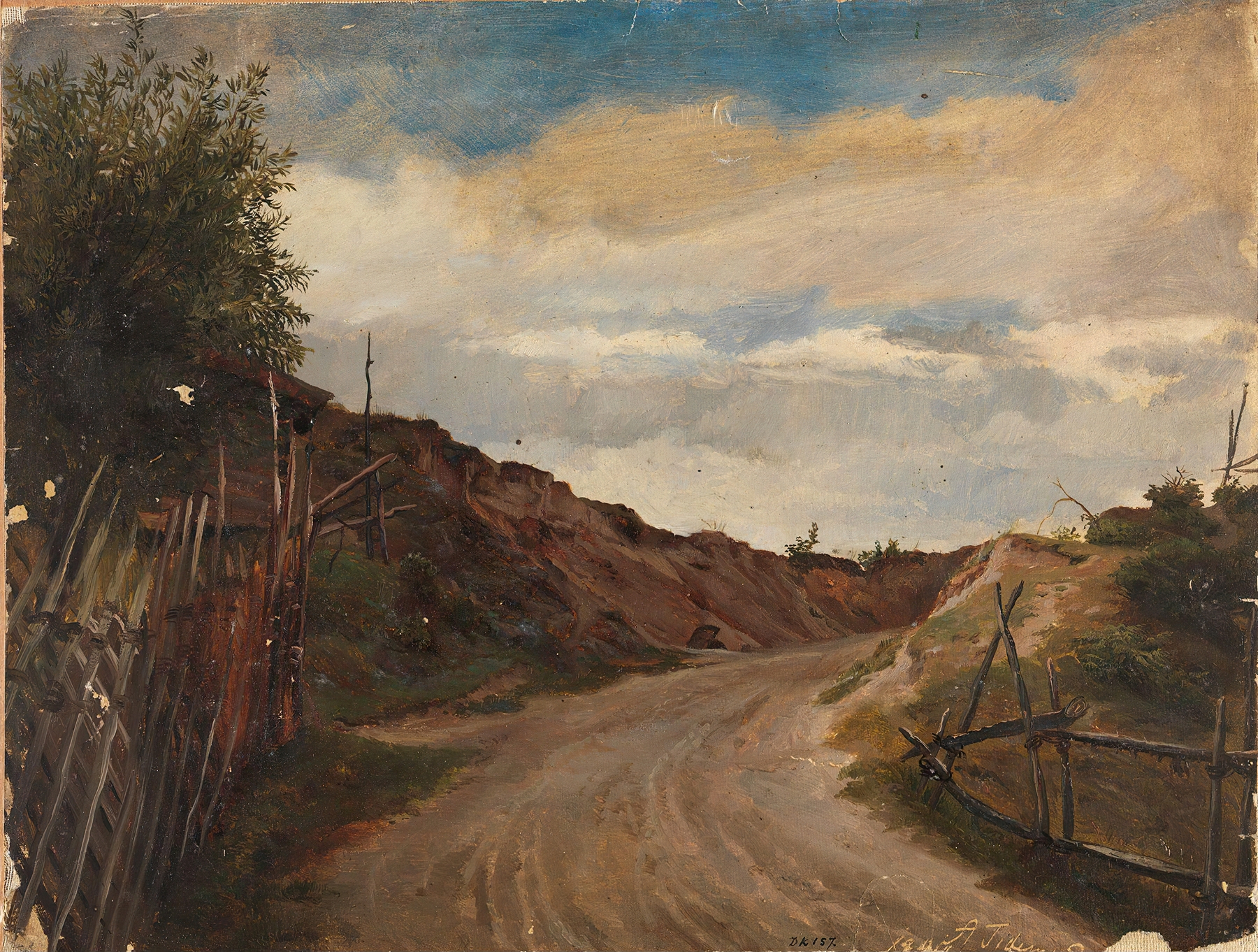 Country Road by Adolph Tidemand, oil painting depicting a dirt road, trees, and wildflowers.