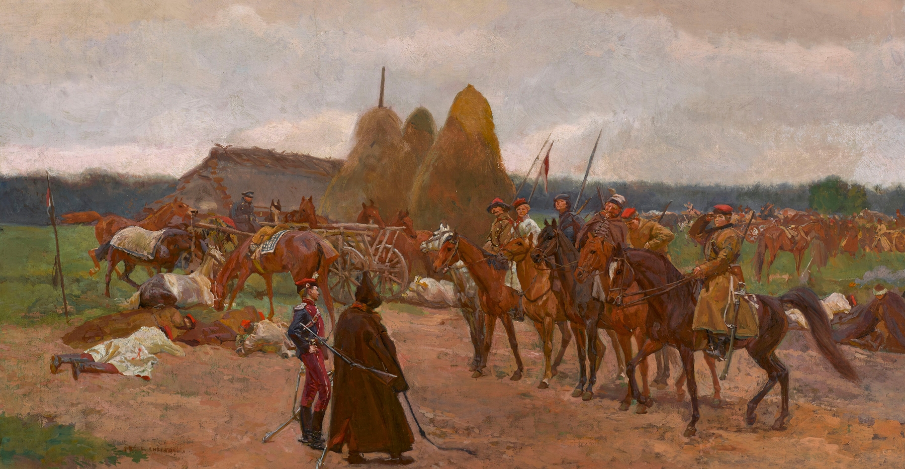 Historical scene with figures from the Uprising of 1863, oil painting by Jozef Chelmonski