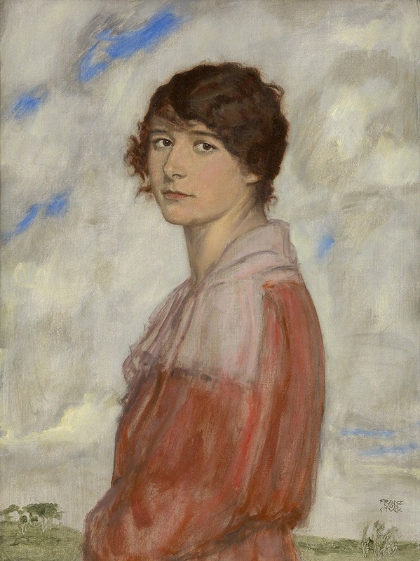 Franz von Stuck's 'Lady in Red' features a striking figure in vibrant red attire.