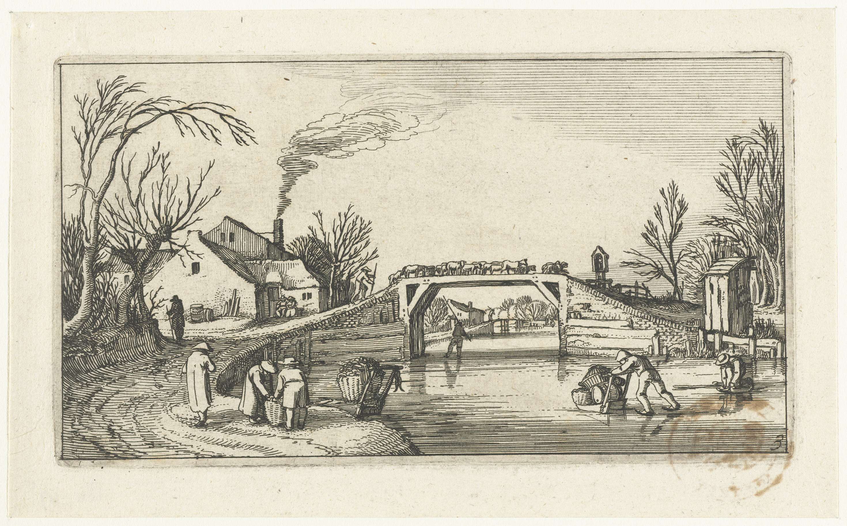 Landschap met schaatsers bij een brug met schapen, etching by unknown artist