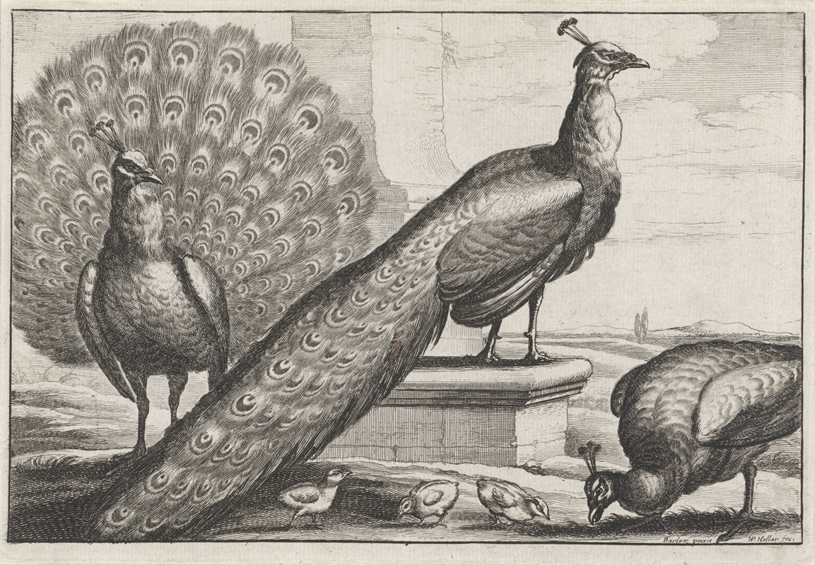 A serene depiction of two peacocks, a peahen, and three chicks in a natural setting.