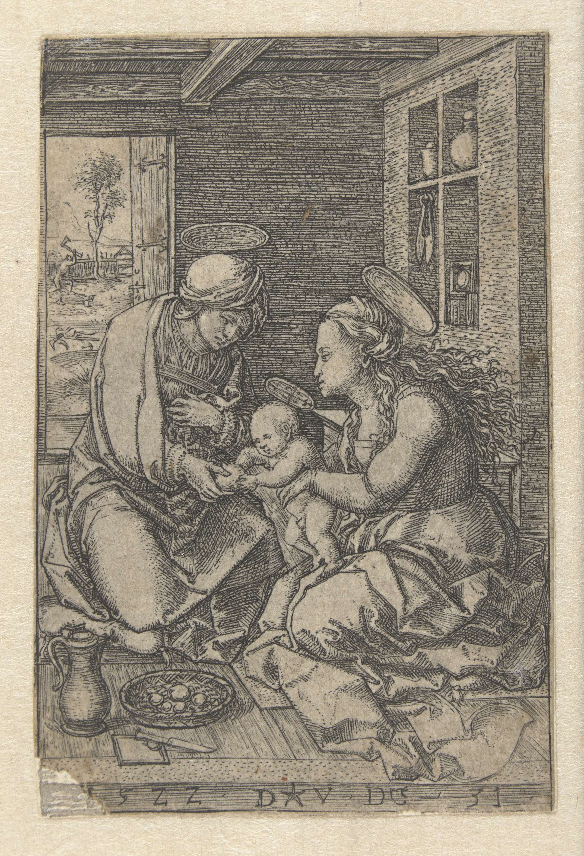 Engraving by Dirck Vellert showing Mary cradling the child with Saint Anne