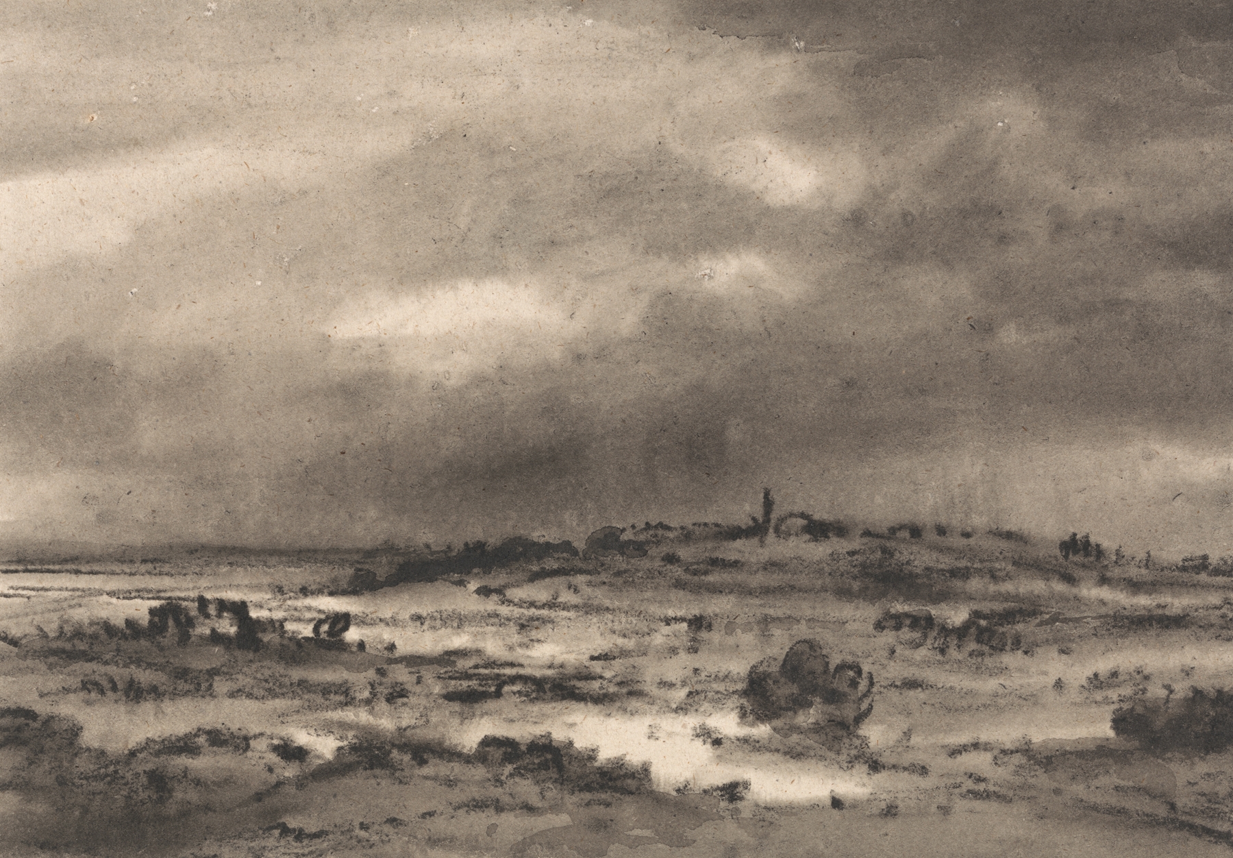 Marshland Landscape by Dr. Thomas Monro, oil painting featuring reeds and water.