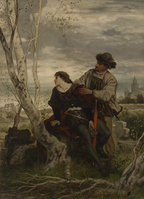 This painting depicts Hamlet and Horatio at Ophelia's grave, capturing a moment of deep emotion.