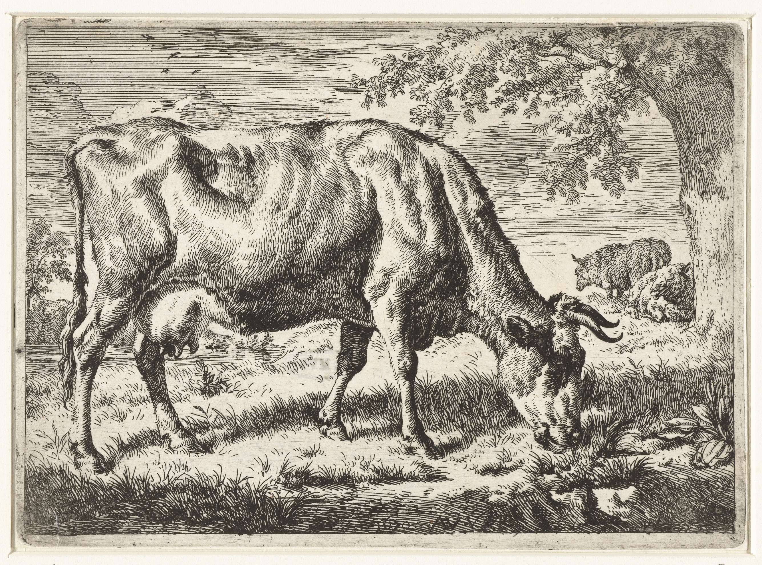 Grazende koe en twee schapen, by Adriaen van de Velde, public domain