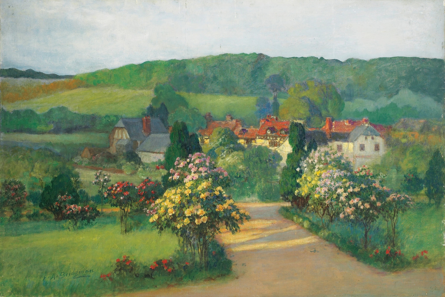 Botanical scene with flowers and sunlight by Frederick Arthur Bridgman, oil painting