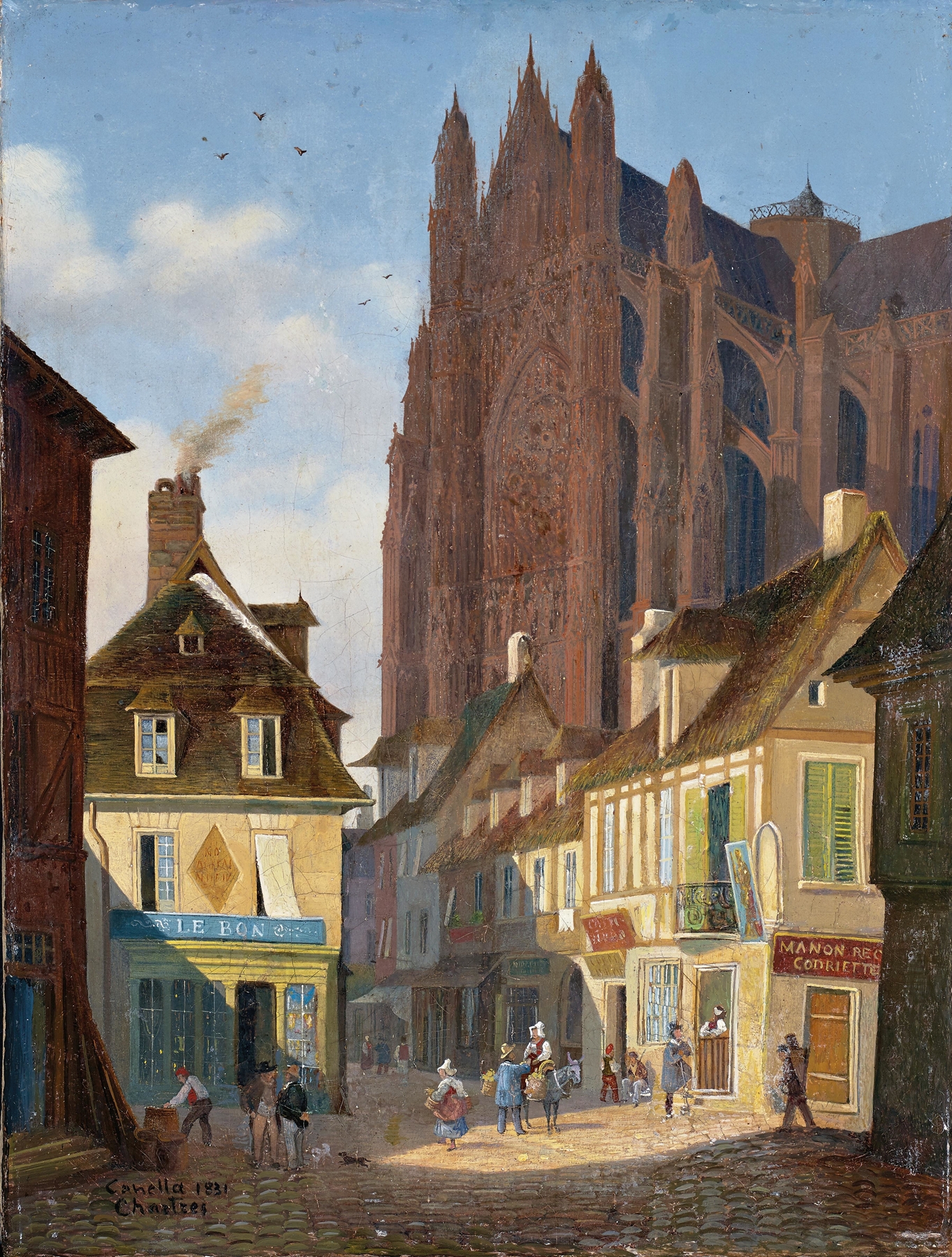 Cobbled street with a cathedral in the background, oil painting by Giuseppe Canella.