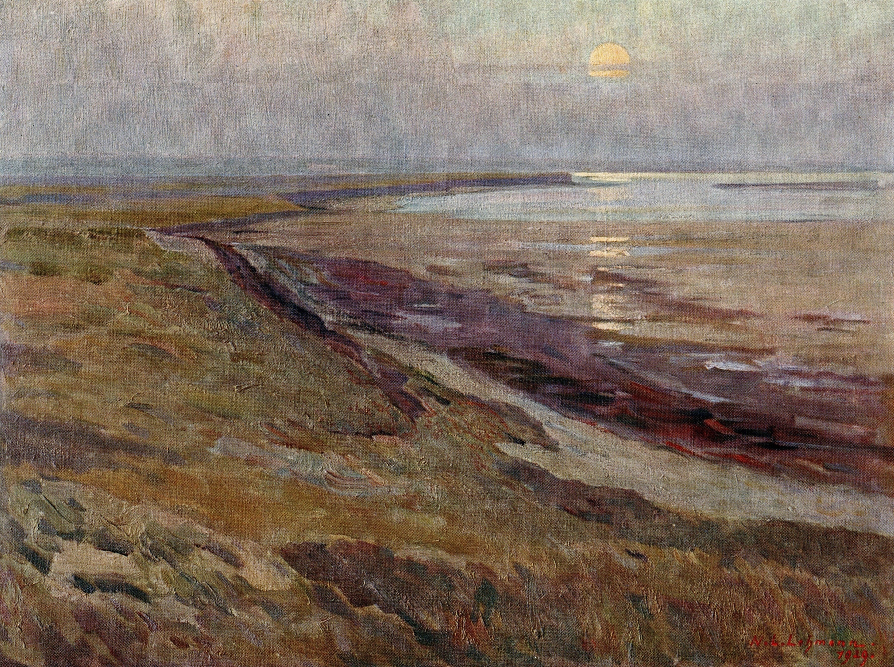 Moonlit landscape by Wilhelm Ludwig Lehmann, oil on canvas, featuring a dark island silhouette.