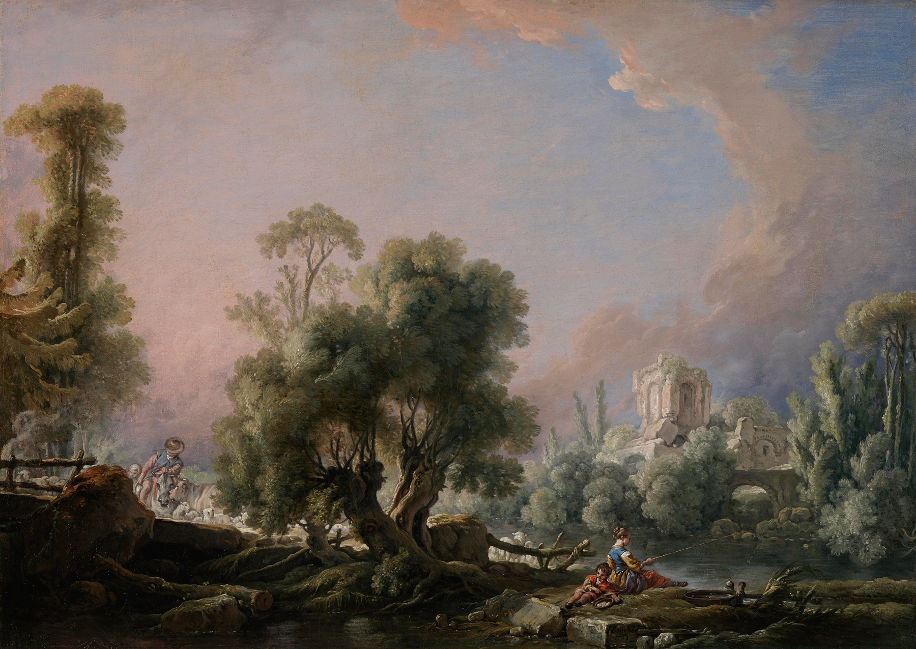 Idyllic Landscape with Woman Fishing, by François Boucher, public domain