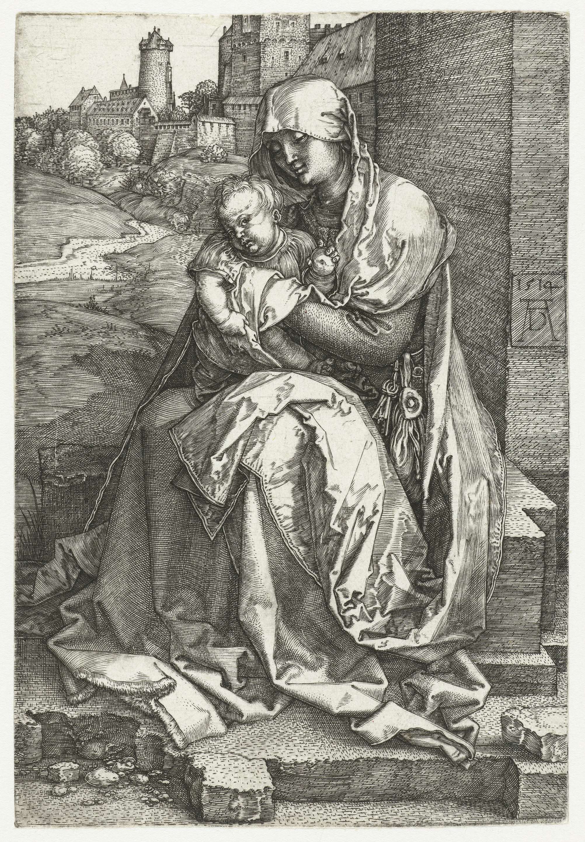 Maria met kind bij een muur, by Albrecht Dürer, public domain