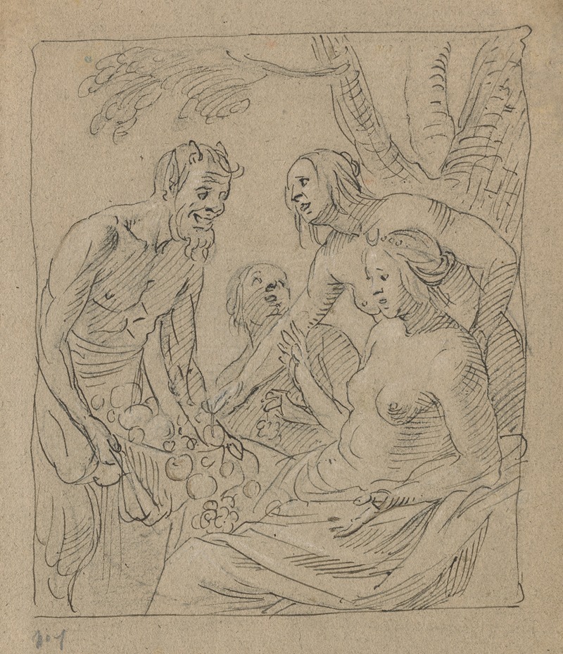 A Baroque painting depicting Diana and nymphs receiving gifts from a satyr.