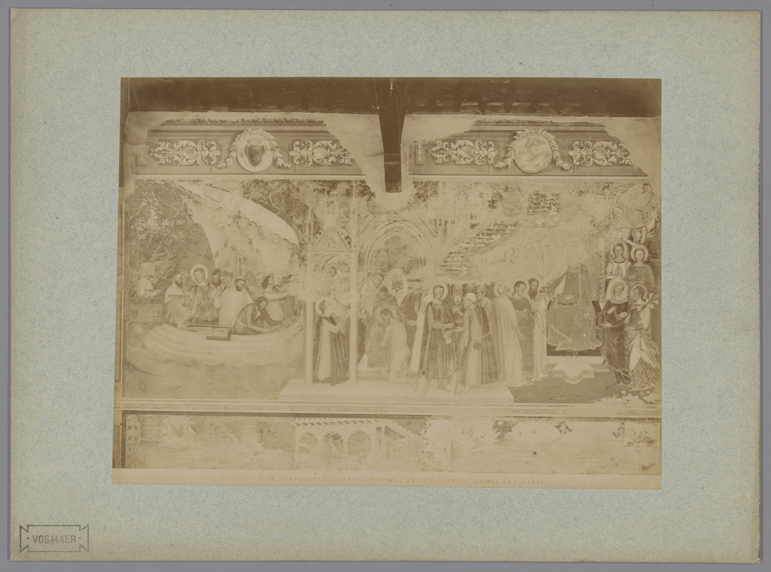 Fotoreproductie van het fresco Renier van Pisa neemt het kluizenaarskleed aan naar Andrea da Firenze in het Camposanto te Pisa, Italië, by Fratelli Alinari, public domain