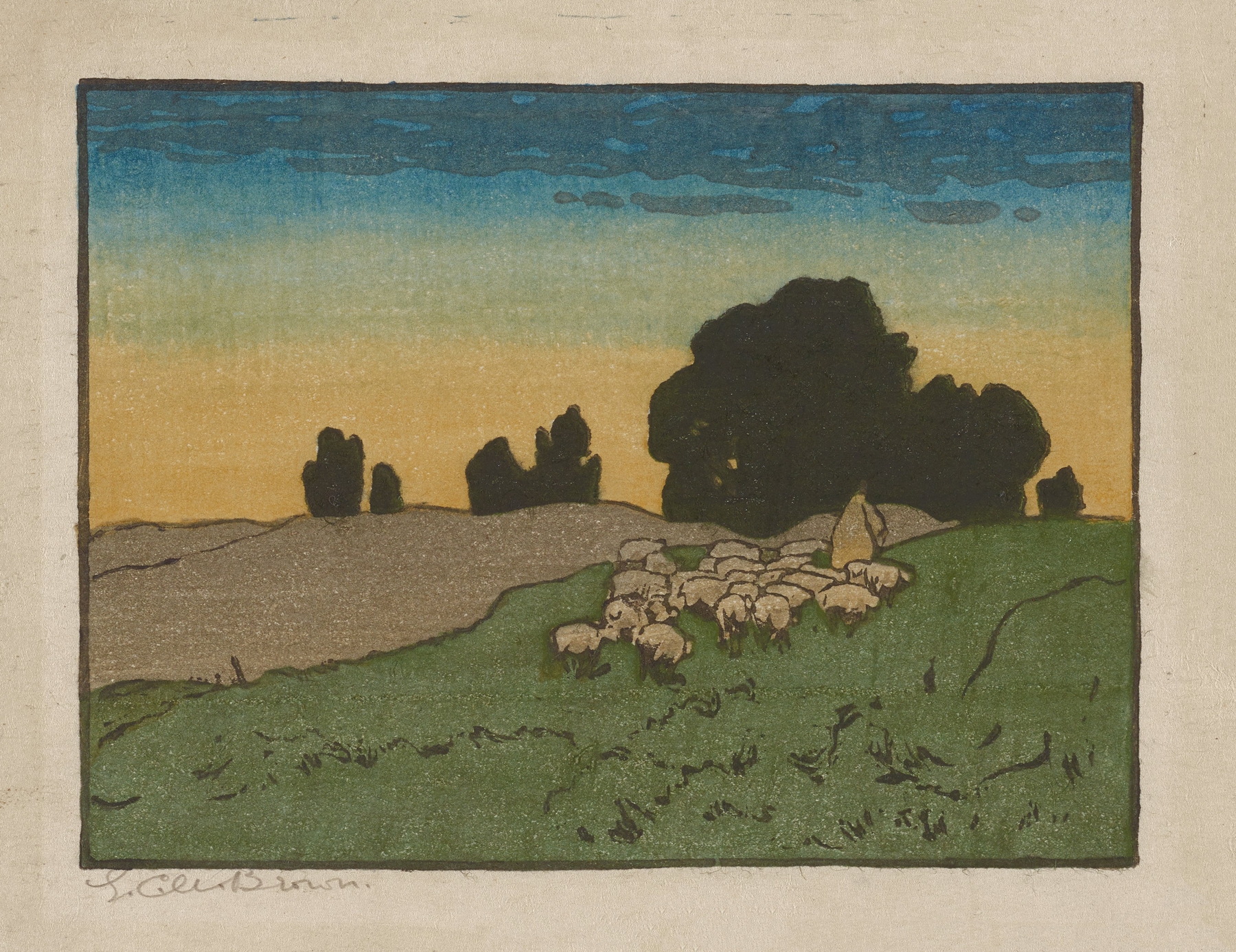 Evening Pasture oil painting by Elizabeth Christie Austen Brown depicting a serene landscape with soft evening light.
