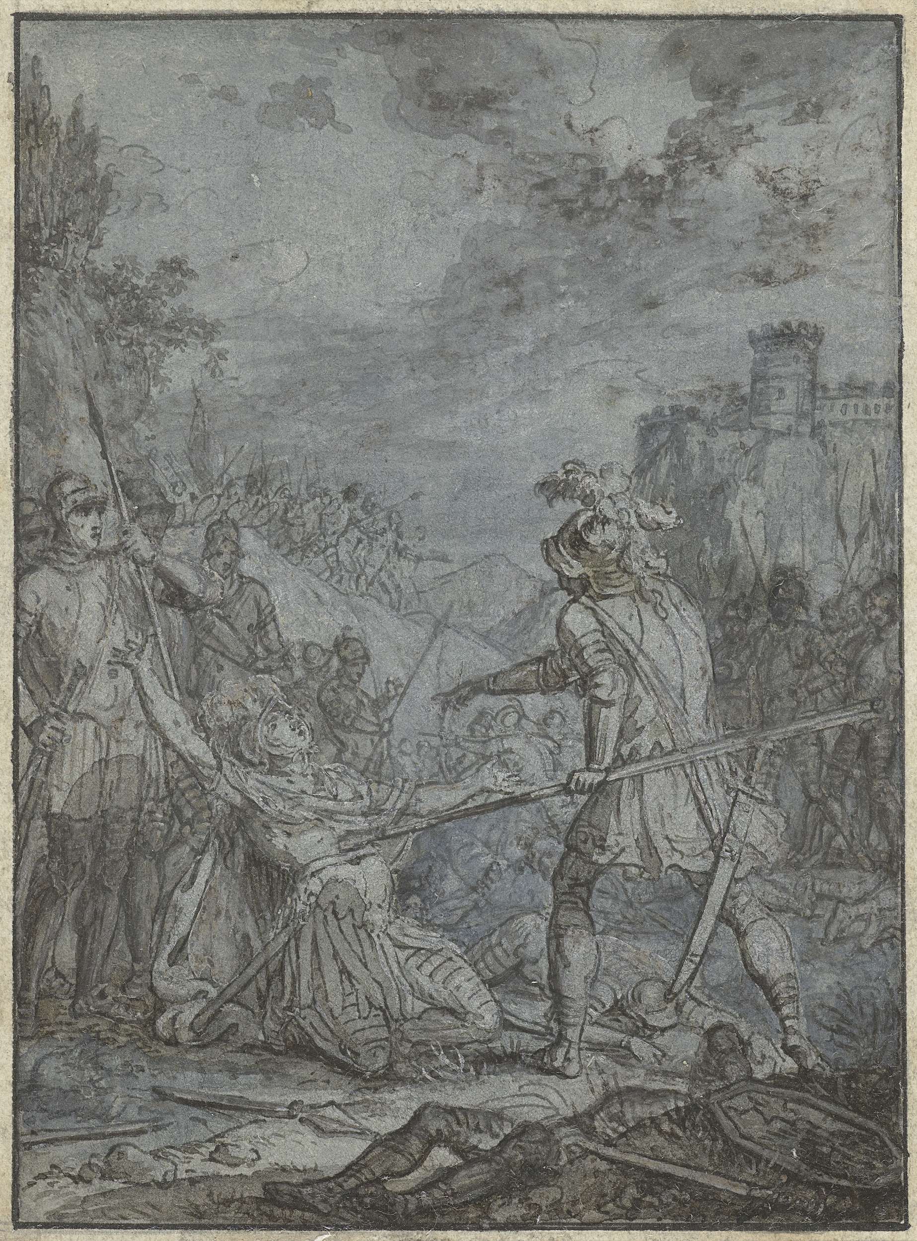 Historical drawing by Joseph Werner depicting a commander in a moment of surrender.