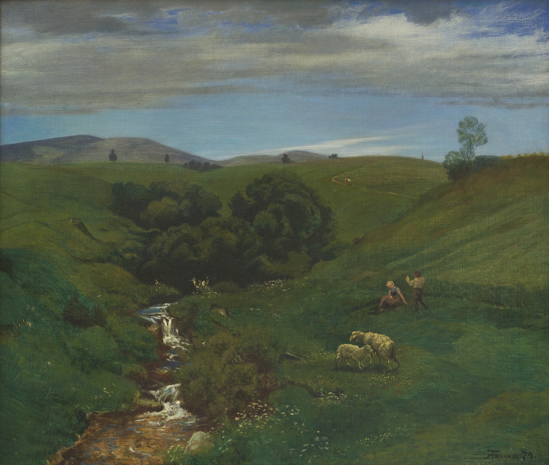 Black Forest Meadow near Bernau by Hans Thoma, oil on canvas, featuring a vibrant green meadow and tall trees