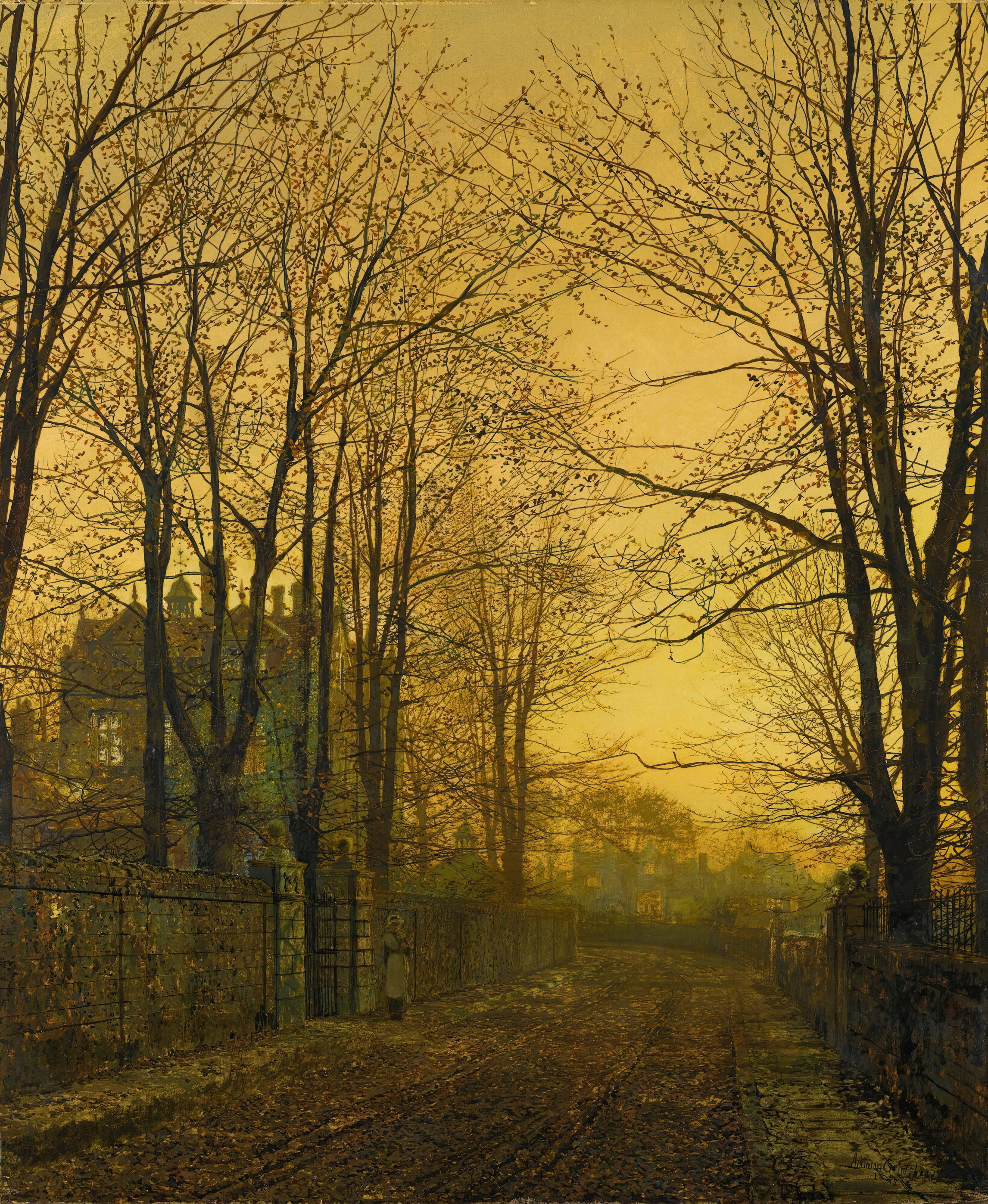 October After Glow by John Atkinson Grimshaw, oil on canvas, depicting an autumn landscape at sunset.